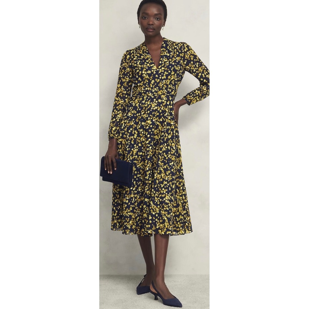 Hobbs London Aurora Dress Navy‎ Yellow Petal Print Midi Recycled Polyester 6 NEW